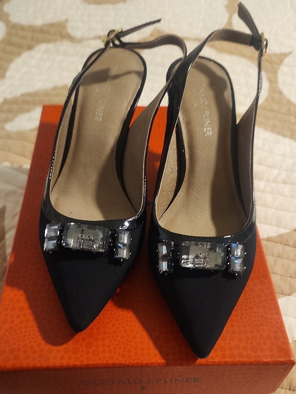 Donald J. Pliner Black Pointed Slingback Pumps with Crystal Trim